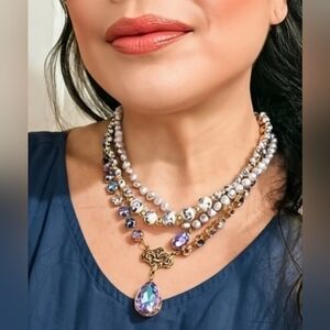 Victorian Darling Tanzanite Sparkles Crystal Porcelain & Pearls Layered Necklace